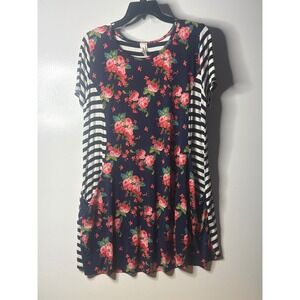 Now N Forever Floral Striped Tunic Top XL Navy Pink Mixed Print Short Sleeve